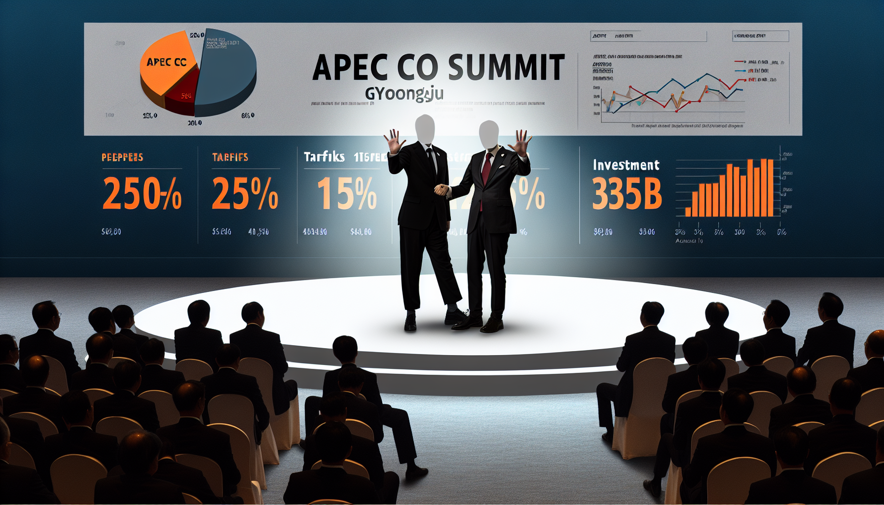 APEC CEO 서밋 경주 무대에서 정상들이 악수하는 장면과 25%→15% 관세 인포그래픽
