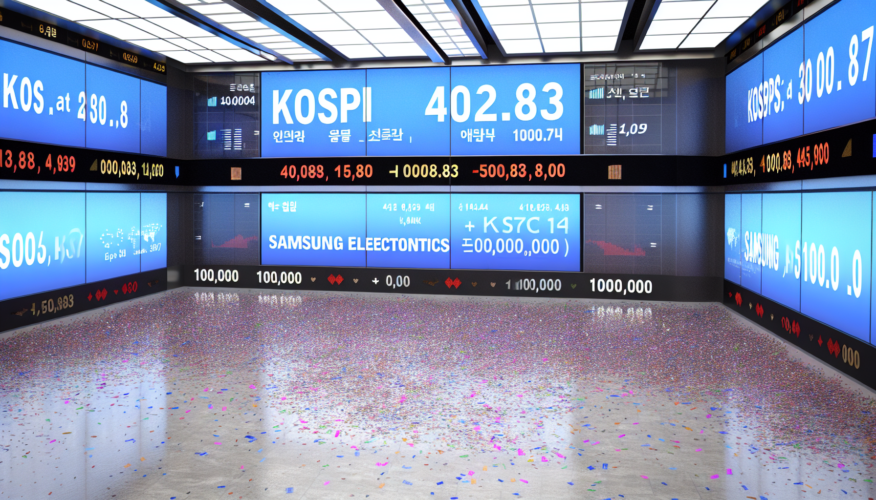 코스피 4042.83과 10만전자를 보여주는 서울 딜링룸 전광판