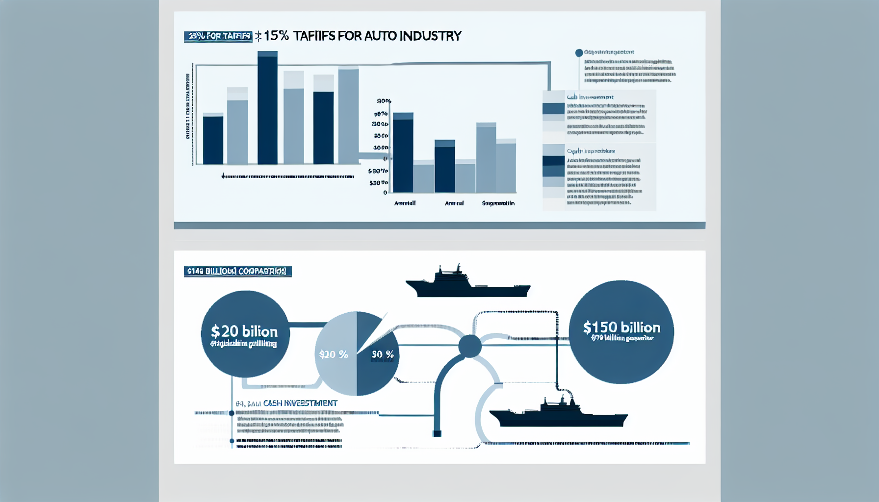 자동차 25%→15% 관세 비교 차트와 연 200억달러 상한, 조선 협력 1500억달러 흐름도