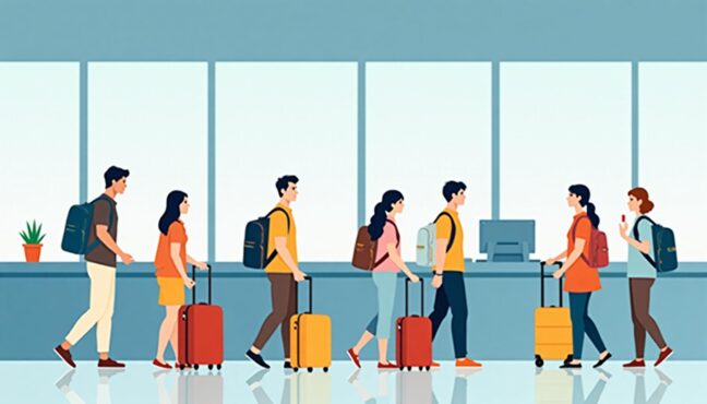 กลุ่มนักท่องเที่ยววัยรุ่นกำลังเช็คอินที่สนามบิน