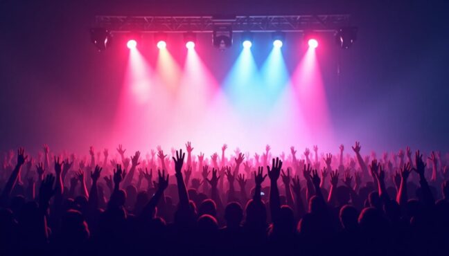 บรรยากาศคอนเสิร์ต K-pop ที่มีแสงสีสันสดใสและผู้ชมกำลังเชียร์