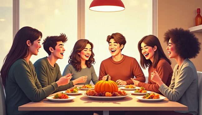 ครอบครัวและเพื่อนๆ นั่งทานอาหาร Thanksgiving ด้วยกันอย่างอบอุ่น
