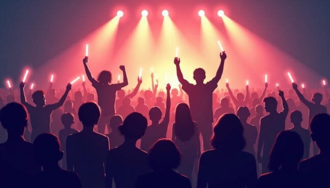 กลุ่มแฟนๆ กำลังสนุกสนานในคอนเสิร์ต K-pop พร้อมถือไลท์สติกและเชียร์อย่างมีความสุข