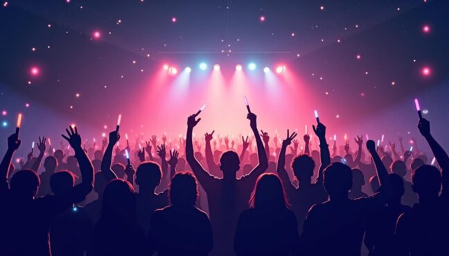 ภาพบรรยากาศคอนเสิร์ตที่แฟนๆ กำลังสนุกสนานและเชียร์ศิลปินบนเวที
