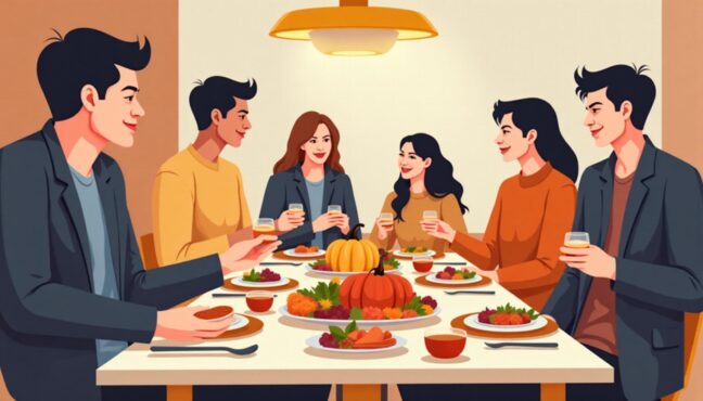 กลุ่มคนรุ่นใหม่กำลังสนุกสนานกับมื้ออาหาร Thanksgiving