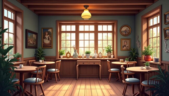 คาเฟ่สไตล์วินเทจในบ้านเก่ามีเฟอร์นิเจอร์ไม้และของตกแต่งโบราณ