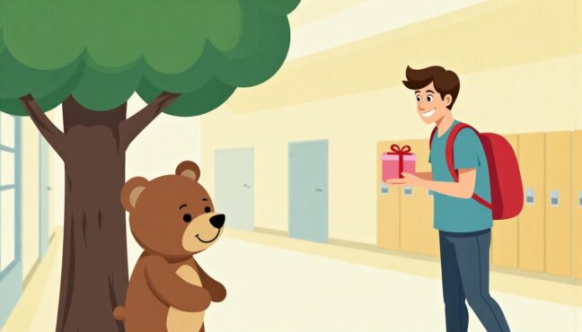 ฉากจาก MV กอดอุ่นที่แสดงน้องหมีเนยในโรงเรียนกำลังแอบดูรุ่นพี่