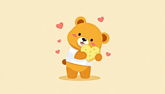 ตัวการ์ตูน BUTTERBEAR หรือหมีเนยในลักษณะน่ารัก ยิ้มแย้ม พร้อมถือขนมปังรูปหัวใจ