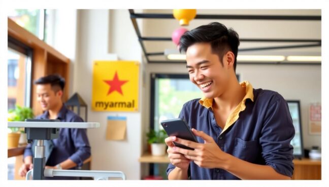 ငွေပေးချေမှု အတည်ပြုချက် ရရှိပြီး ပျော်ရွှင်နေသော အရောင်းဆိုင်ရှင်