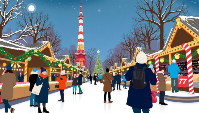 芝公園のクリスマスマーケットと東京タワーの夜景