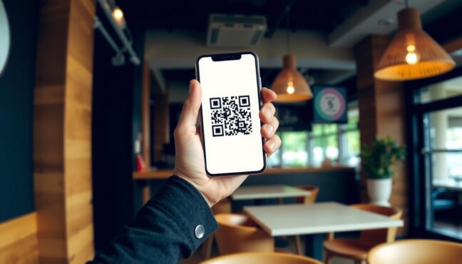 スマートフォンでQRコードを表示している若者の手