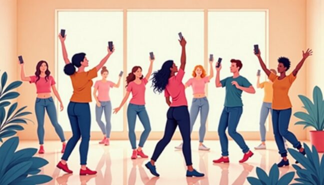 スマホを持って楽しそうに踊る若者たち
