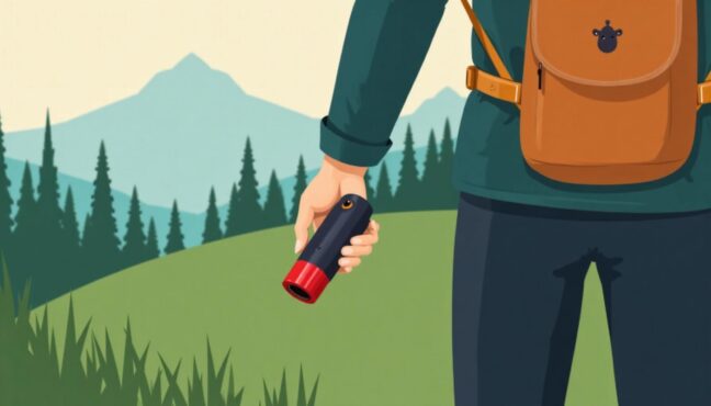 熊撃退スプレーを正しく持ってハイキング準備をする人の手