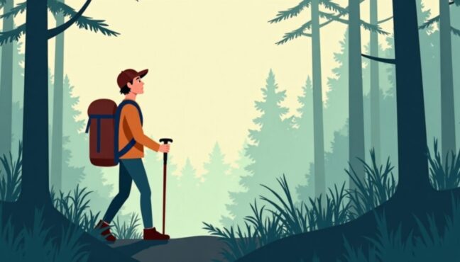 森の中で警戒しながら周囲を見渡すハイカーの様子