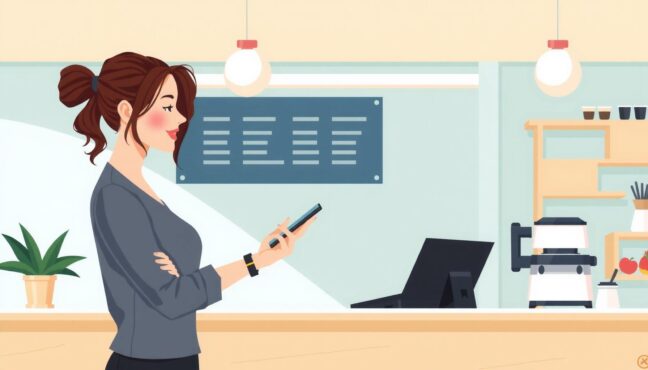 カフェでスマートフォンを使って支払いをする若い女性