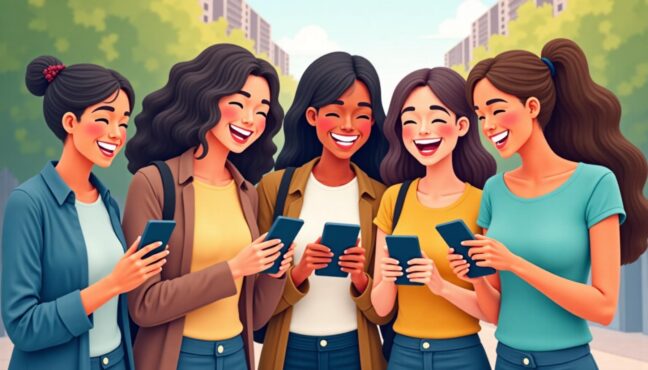 スマホを見ながら笑い合う友人たち