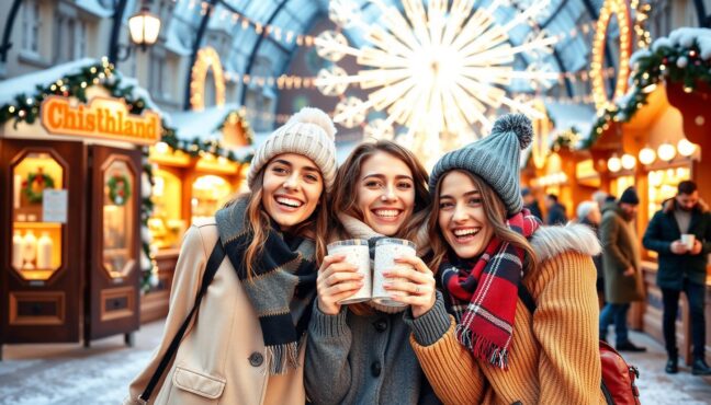 クリスマスマーケットで写真を撮る楽しそうな若者たち