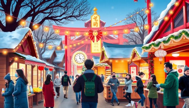 夕暮れ時の東京クリスマスマーケットの幻想的な風景