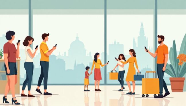 観光地でスマホを使いながら楽しく買い物する人々