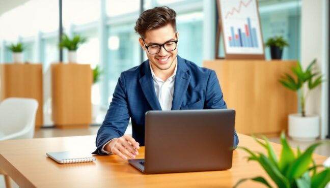 ビジネスパーソンが新しいノートパソコンを使っている様子