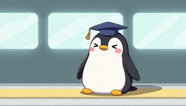 Suicaのペンギンが卒業帽をかぶって寂しそうにしているイラスト