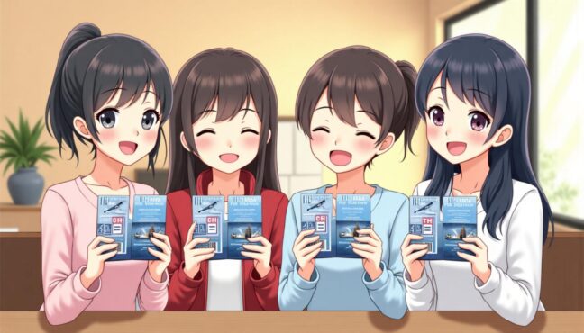 USJと大阪万博のチケットを持ってワクワクしている若者グループ