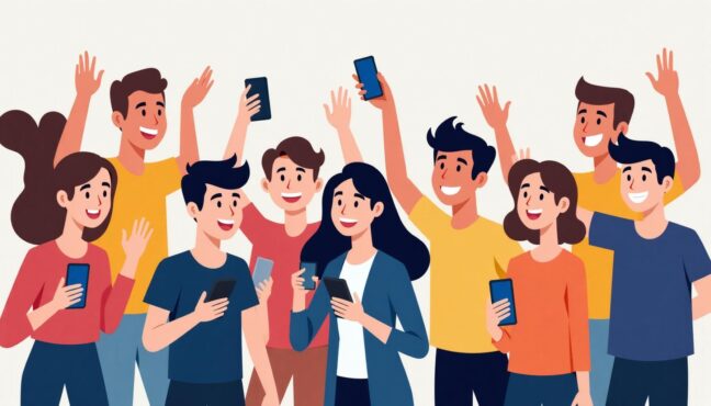 若いフットサルファンたちがスマートフォンで日本代表を応援している様子