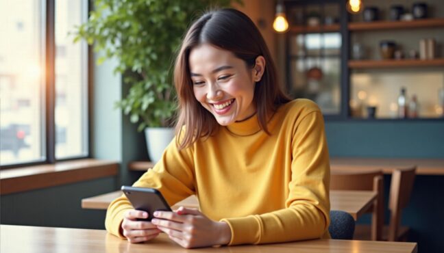 カフェでスマホを見ながら笑っている若い女性