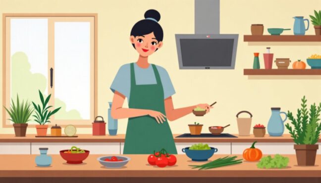 キッチンで料理を作る若い女性