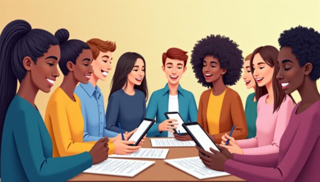 多くの人がスマートフォンで署名運動に参加している様子