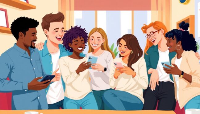 友人同士でスマートフォンを見ながら笑い合っているシーン