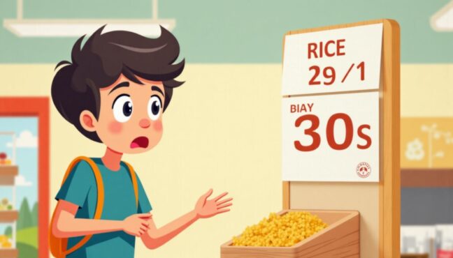 スーパーで米の値段を見て驚く若者の様子