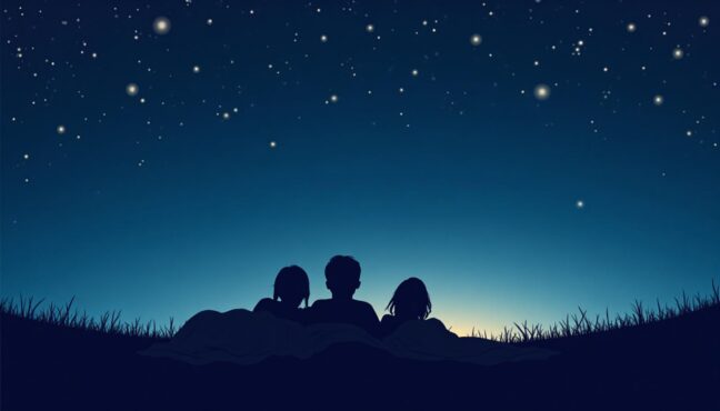 星空の下で寝転がって流星群を観測している人々のシルエット