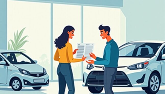 ホンダのショールームでディーラーと購入相談をする若いカップル