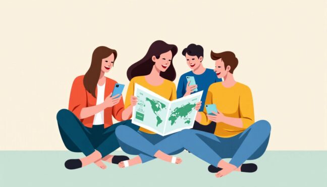 旅行計画を立てている若者グループ