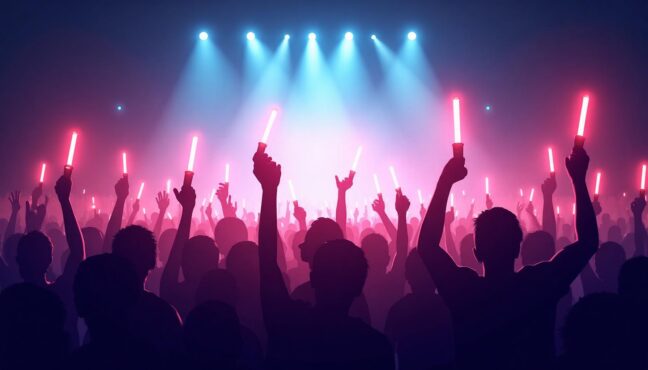 コンサート会場でライトスティックを持って熱狂するK-POPファンたち