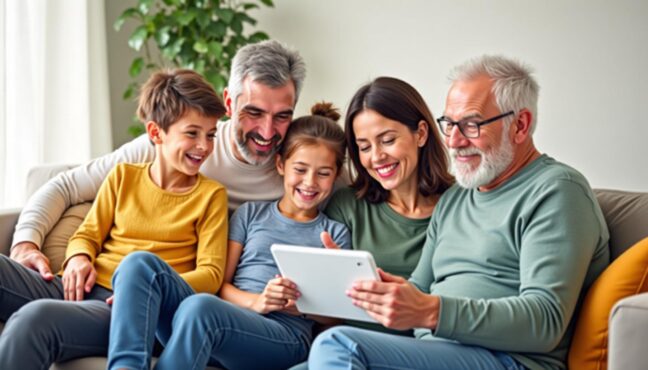 가족이 함께 DNA 검사 결과를 확인하는 따뜻한 장면