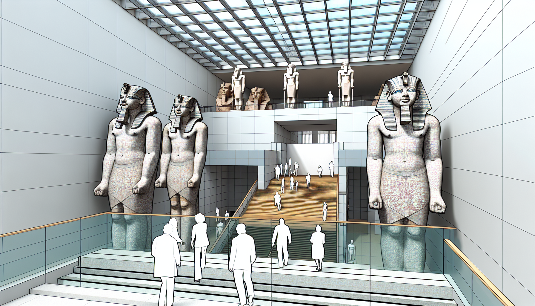 람세스 2세 석상과 파라오 석상들이 늘어선 GEM 대계단 내부 전경