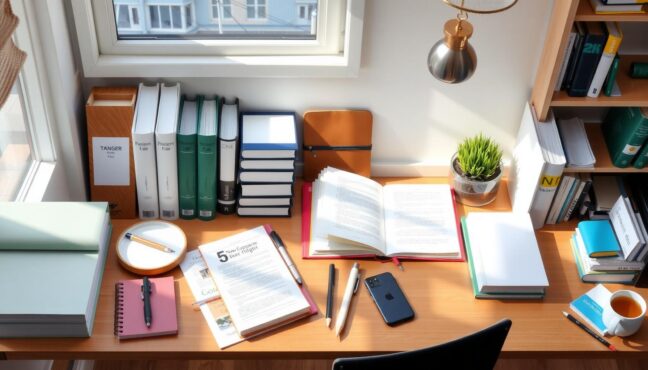 다양한 교과서와 참고서가 펼쳐져 있는 깔끔한 책상 위 풍경