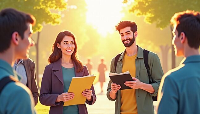 캠퍼스에서 장학금 상담을 받고 있는 대학생들의 따뜻한 모습