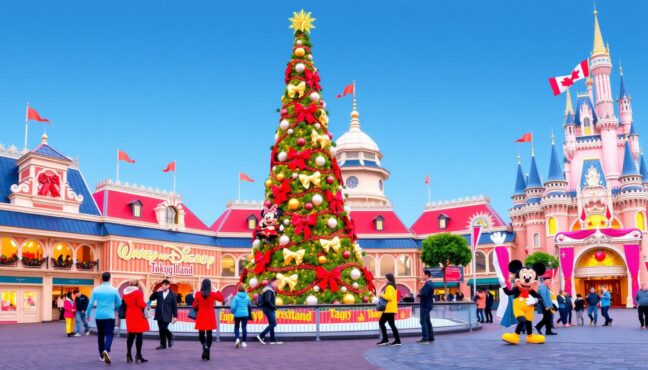 크리스마스 장식으로 화려하게 꾸며진 도쿄디즈니랜드 전경