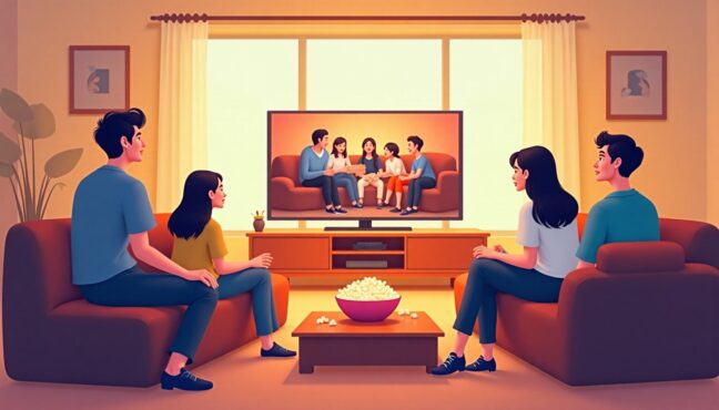 한국 드라마를 함께 즐기는 친구들의 아늑한 거실 장면