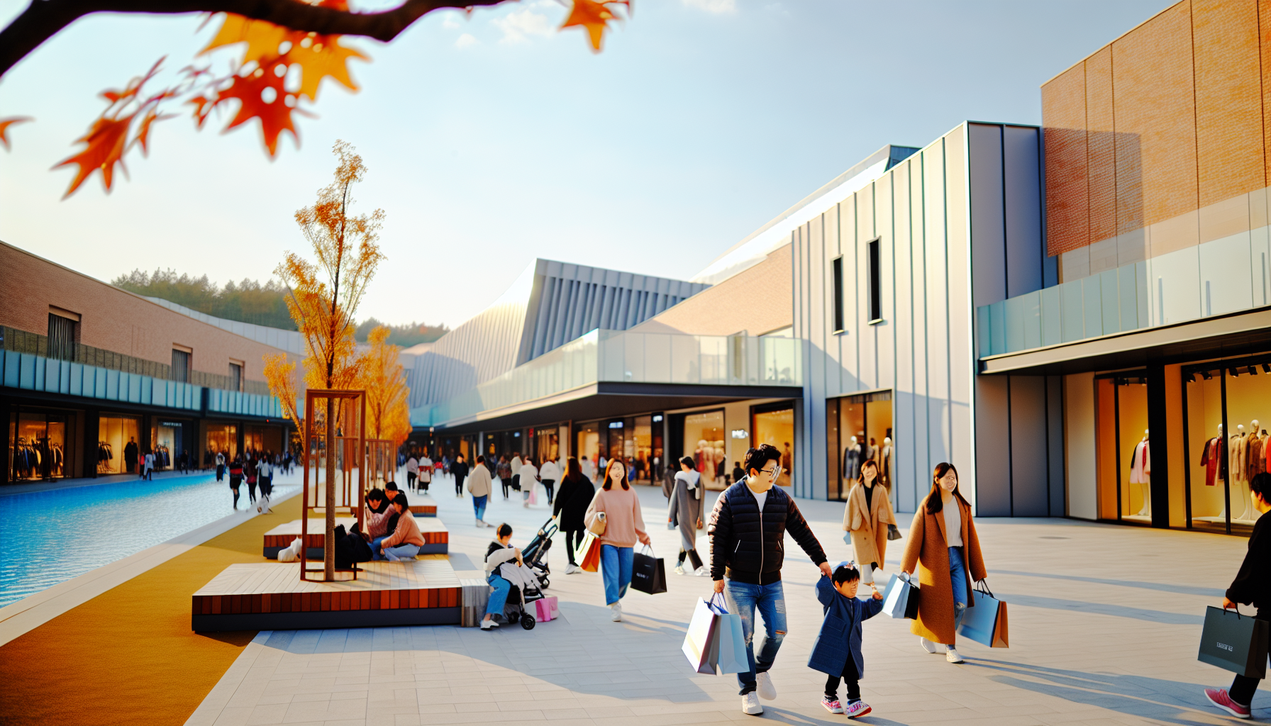 주말 오후 여주 프리미엄 아웃렛 전경과 쇼핑하는 가족·커플