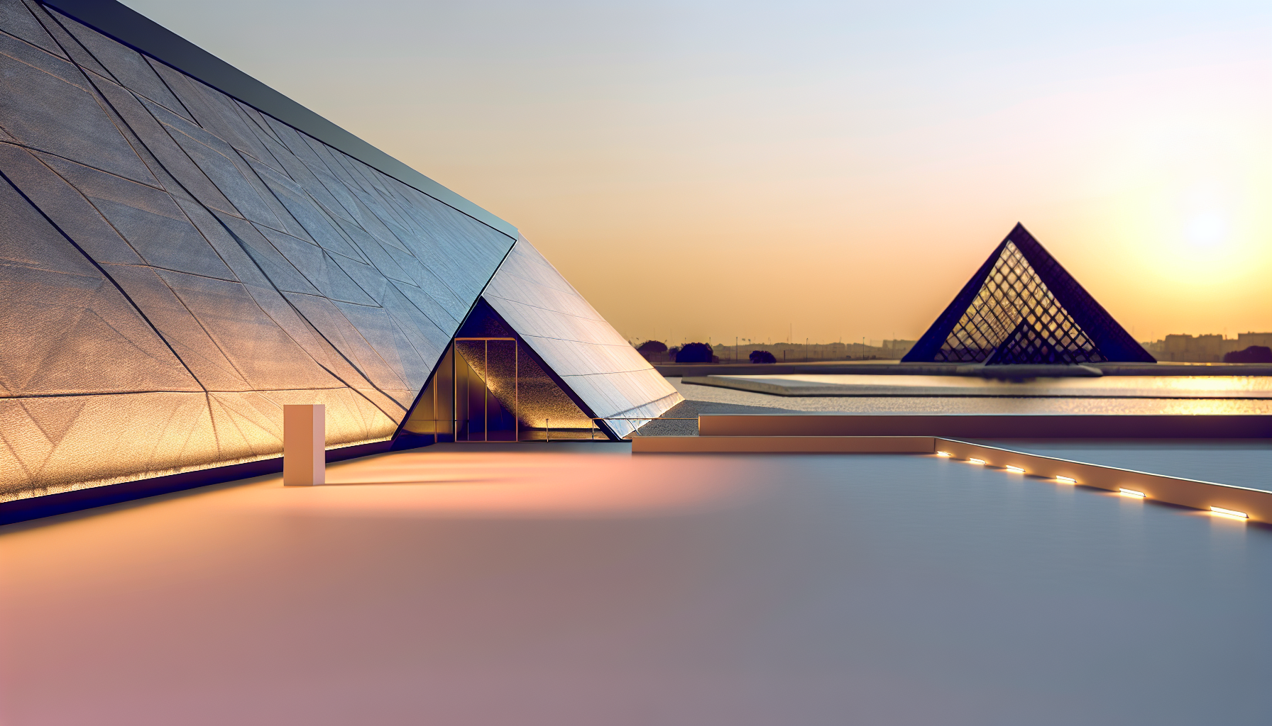 석양을 배경으로 한 이집트 대박물관(GEM) 외관 전경, 피라미드가 보이는 전망