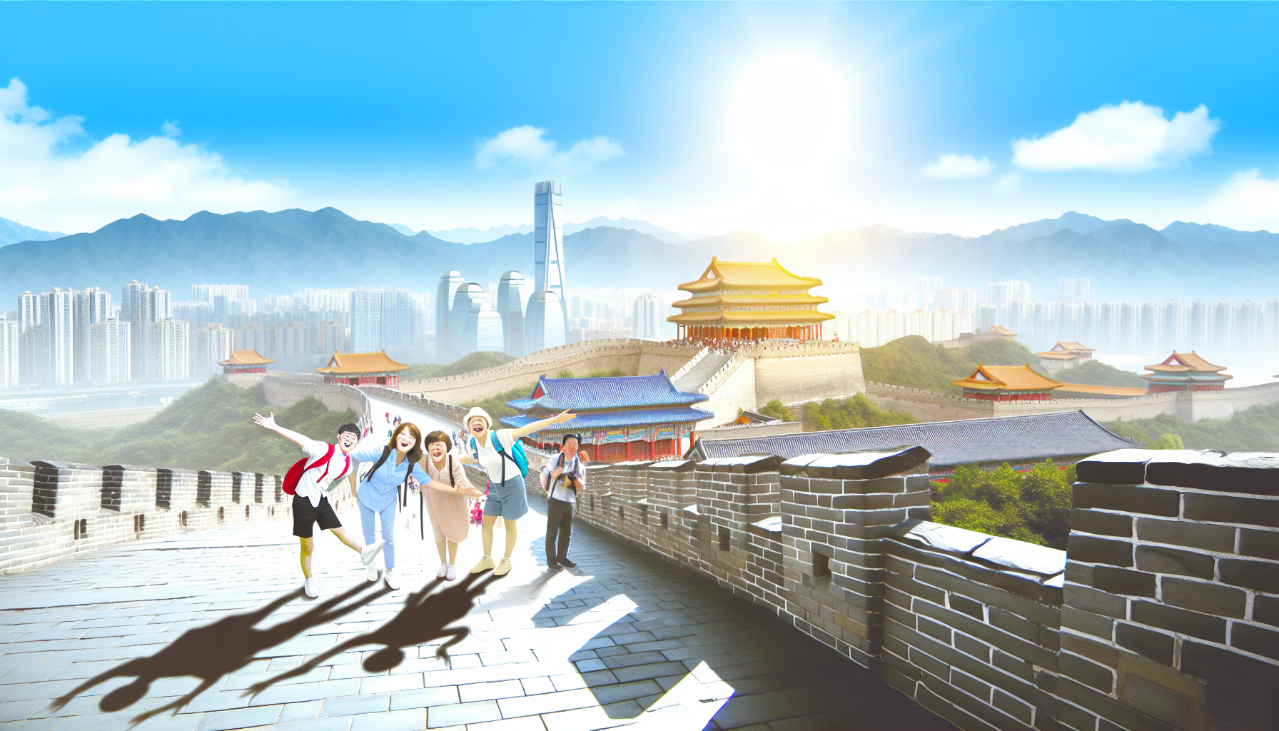 중국 여행 주요 관광지 - 만리장성과 상하이 스카이라인이 보이는 풍경