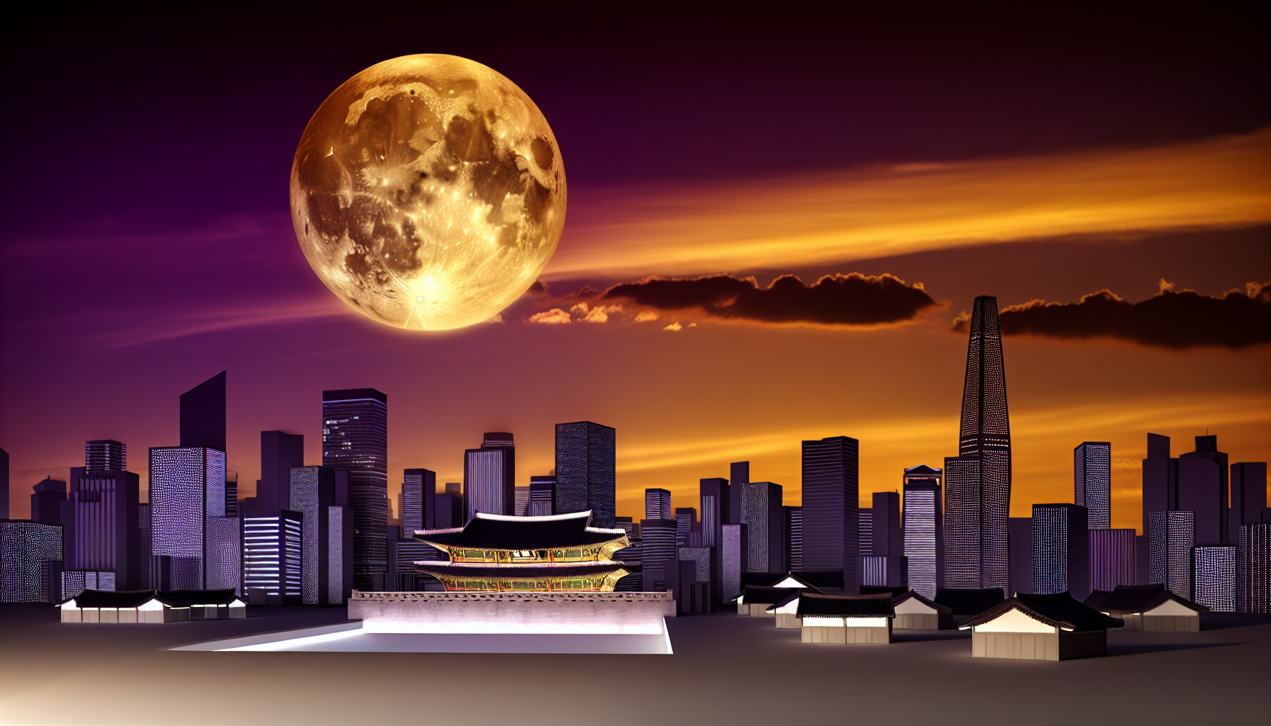 도심 위로 떠오르는 거대한 슈퍼문의 장관