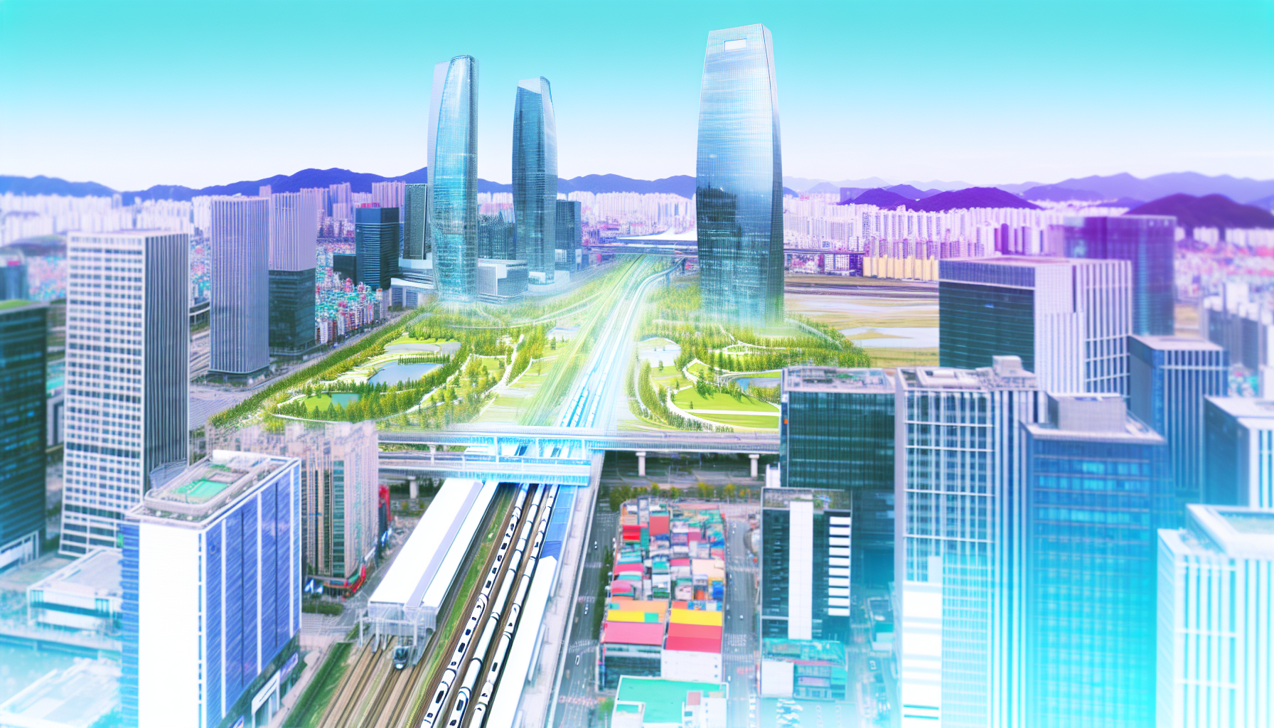 미래 한국 도시 발전 전망 이미지 - 현대적인 고층 빌딩과 교통 인프라