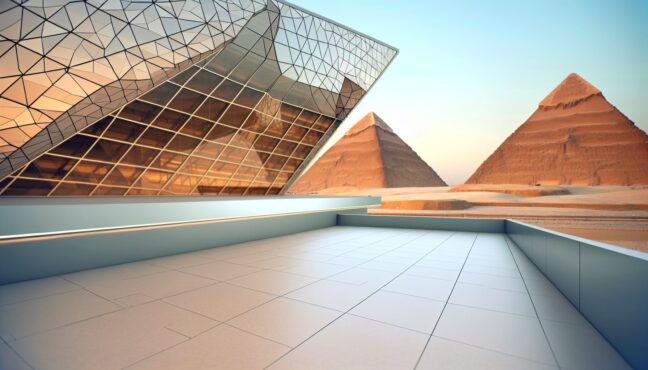 기자 피라미드가 보이는 이집트 대박물관(GEM) 외관 전경