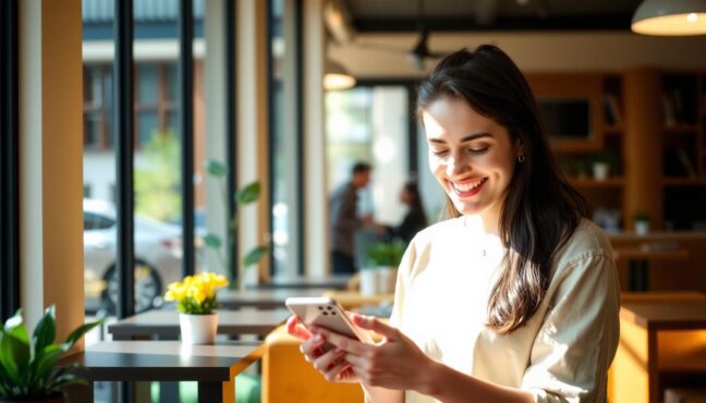 스마트폰으로 요금제를 확인하며 밝게 웃는 청년