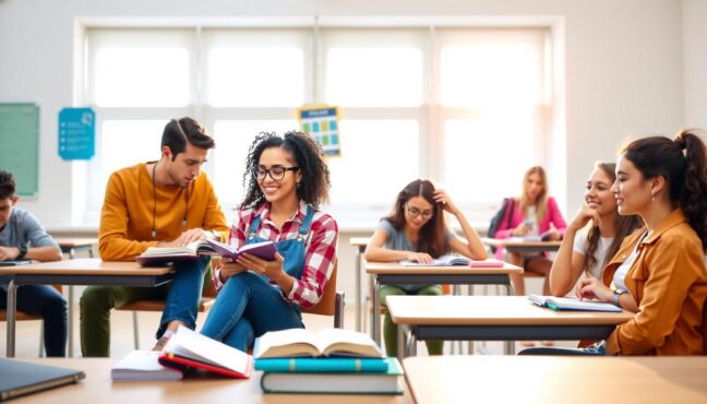 2026 수능 준비하는 학생들이 교실에서 공부하는 밝고 희망찬 분위기의 장면